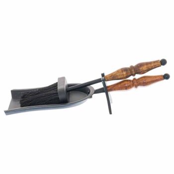 Hand Turned Hearth Tidy with Wooden Handle - Metal/Wood - L13 x W36 x H12 cm - Black