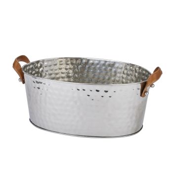 Large Leather Handled Champagne Cooler - Ice Bucket- Leather/Metal - L34 x W55 x H23 cm - Silver