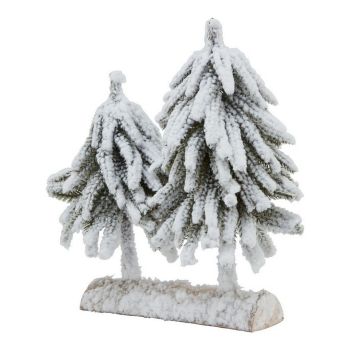 Small Snowy Fir Tree Duo on Wood Log - Plastic - W20 x H28 cm - Brown