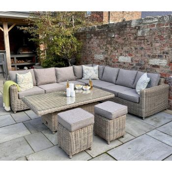 Amalfi Outdoor Large Corner Set with Riser Table + 2 Stools - Glass - Beige