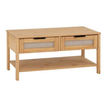 Corona Rattan 2 Drawer Coffee Table - L50 x W90 x H43.5 cm - Distressed Wax Pine/Rattan Effect