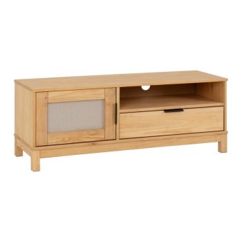 Corona Rattan 1 Door 1 Drawer TV Unit - L40 x W120 x H45 cm - Distressed Wax Pine/Rattan Effect