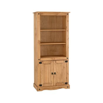 Corona 2 Door Display Unit/Bookcase - L44.5 x W81 x H182 cm - Distressed Waxed Pine
