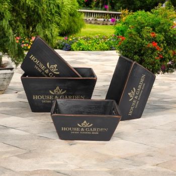 "House & Garden" Outdoor Planters (Set of 4) - Wood - Black