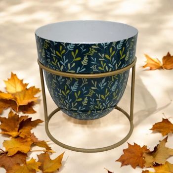 Small Leafs Print Design Planter on Stand - L13 x W13 x H13 cm - Blue/Green