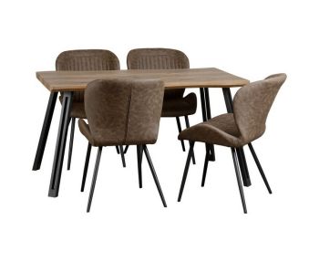 Quebec Wave Edge Dining Set - Medium Oak Effect/Black/Brown Faux Leather