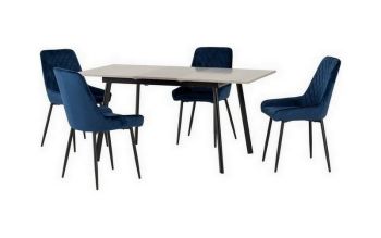 Avery Extending Dining Set with Avery Chairs - Concrete/Grey Oak Effect/Black/Sapphire Blue Velvet