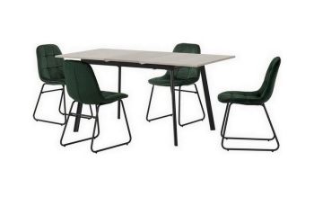 Avery Extending Dining Set with Lukas Chairs - Concrete/Grey Oak Effect/Black/Emerald Green Velvet
