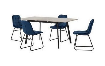 Avery Extending Dining Set with Lukas Chairs - Concrete/Grey Oak Effect/Black/Sapphire Blue Velvet