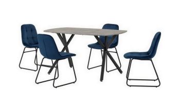 Athens Rectangular Dining Set with Lukas Chairs - Concrete Effect/Black/Sapphire Blue Velvet