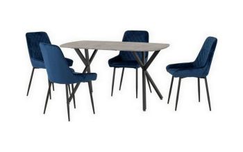 Athens Rectangular Dining Set with Avery Chairs - Concrete Effect/Black/Sapphire Blue Velvet