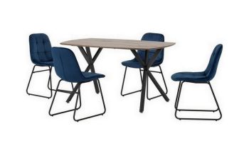 Athens Rectangular Dining Set with Lukas Chairs - Medium Oak Effect/Black/Sapphire Blue Velvet
