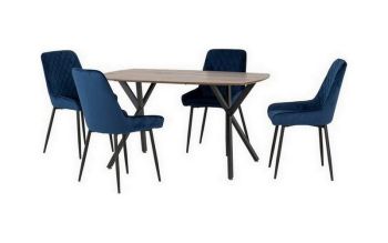 Athens Rectangular Dining Set with Avery Chairs - Medium Oak Effect/Black/Sapphire Blue Velvet