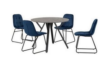Athens Round Dining Set with Lukas Chairs - Concrete Effect/Black/Sapphire Blue Velvet