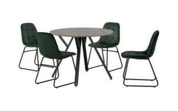 Athens Round Dining Set with Lukas Chairs - Concrete Effect/Black/Emerald Green Velvet