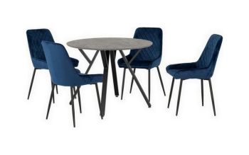 Athens Round Dining Set with Avery Chairs - Concrete Effect/Black/Sapphire Blue Velvet