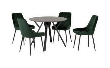 Athens Round Dining Set with Avery Chairs - Concrete Effect/Black/Emerald Green Velvet
