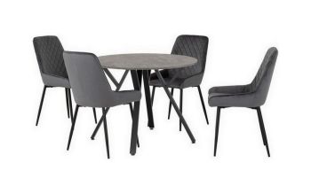 Athens Round Dining Set with Avery Chairs - Concrete Effect/Black/Grey Velvet