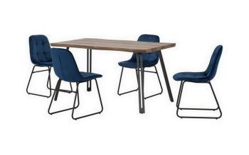 Quebec Wave Edge Dining Set with Lukas Chairs - Medium Oak Effect/Black/Sapphire Blue Velvet