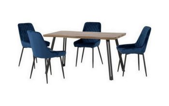 Quebec Wave Edge Dining Set with Avery Chairs - Medium Oak Effect/Black/Sapphire Blue Velvet