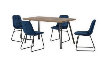 Quebec Straight Edge Dining Set with Lukas Chairs - Medium Oak Effect/Black/Sapphire Blue Velvet