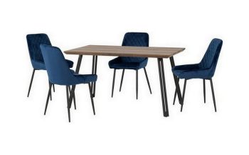 Quebec Straight Edge Dining Set with Avery Chairs - Medium Oak Effect/Black/Sapphire Blue Velvet