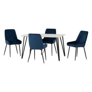 Marlow & Avery Indoor Dining Set with 4 Chairs - White Marble/Sapphire Blue Velvet