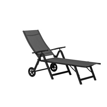 Sorrento Two Wheeled Folding Recliner Sun Lounger - Aluminium/Textylene Fabric - L133 x W72 x H103.5 cm - Black