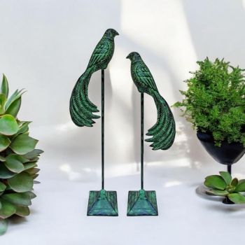 Decorative Birds Ornament (Set of 2) - Cast Iron - Green