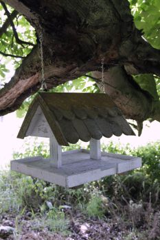 Framlingham Traditional English - Loxwood hanging bird table with shingle roof and plant shelf, brackets and chain included