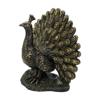 Peacock Sculpture - Polyresin/Limestone - L7.5 x W16.8 x H17 cm - Bronze