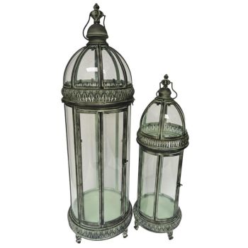 Decorative Garden Lanterns with Glass Top (Set of 2) - Metal