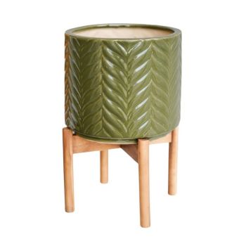 Aspen Chevron Planter - Ceramic/Wood - L22 x W22 x H34 cm - Olive