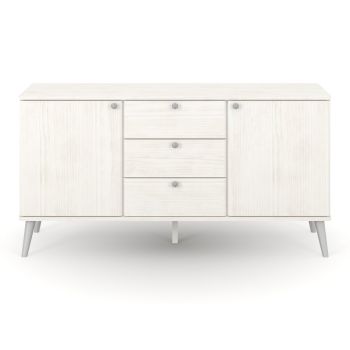 Augusta Curve Medium Sideboard with 2 Doors, 3 Drawers - Pine/Plastic - L43 x W130.6 x H73.6 cm - White/Silver - Flat Packed