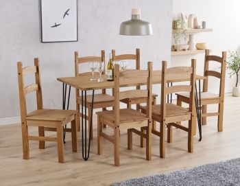 Augusta Large Round Dining Table with 6 Corona Dining Chairs - MDF - Antique Waxed Pine