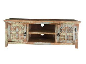 Aravali 2 Door Plasma TV Cabinet - Mango Wood - L40 x W146 x H55 cm - Distress Finish