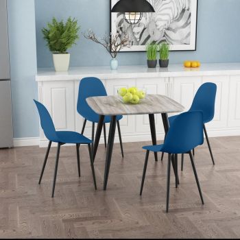 Aspen Tapered Legs Square Dining Table and 4 Curve Plastic Seat Chairs with Metal Legs - Grey Oak/Blue/Black - Flat Packed