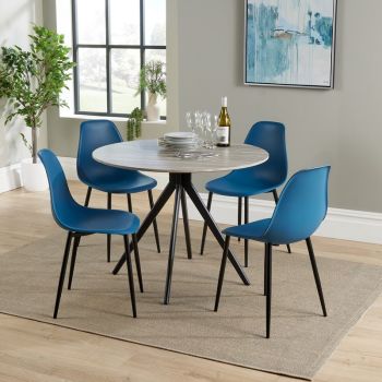 Aspen Round Dining Table and 4 Curve Plastic Seats Chairs with Metal Legs - Grey Oak/Blue/Black - Flat Packed
