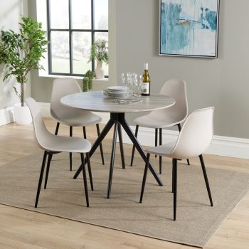 Aspen Round Dining Table and 4 Curve Plastic Seats Chairs with Metal Legs - Grey Oak/Calico/Black - Flat Packed