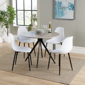 Aspen Round Dining Table and 4 Curve Plastic Seats Chairs with Metal Legs - Grey Oak/White/Black - Flat Packed