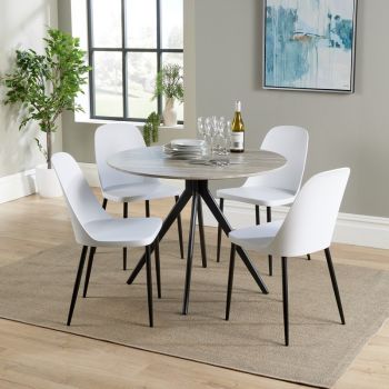 Aspen Round Dining Table and 4 Duo Plastic Seats Chairs with Metal Legs - Grey Oak/White/Black - Flat Packed