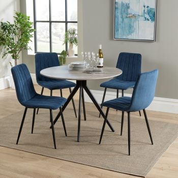 Aspen Round Dining Table with 4 Straight Stitch Cord Dining Chairs - Grey Oak/Blue/Black - Flat Packed