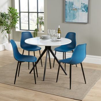 Aspen Round Dining Table and 4 Curve Plastic Seat Chairs with Metal Legs - Blue/Black/White - Flat Packed
