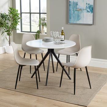 Aspen Round Dining Table and 4 Curve Plastic Seat Chairs with Metal Legs - Calico/Black/White - Flat Packed