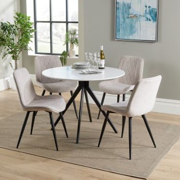 Aspen Round Dining Table with 4 Diamond Stitch Fabric Dining Chairs - Natural/Black/White - Flat Packed