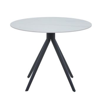 Round Dining Table in White with Black Pedestal Leg - Sintered Stone/Metal - L100 x W100 x H75 cm - Flat Packed
