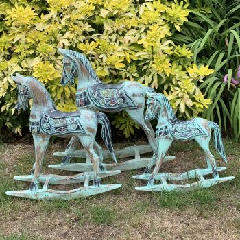 Set of 3 Rocking Horse Ornament - Wood - L20 x W50 x H50 cm - Blue