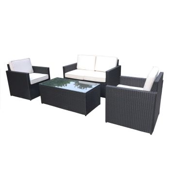 Berlin 2 Seater Sofa, 2 ArmChairs and Table - Synthetic Rattan - H75 x W124 x L70 cm - Black