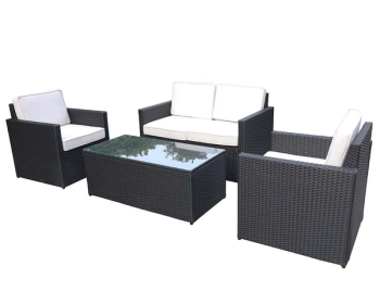 Berlin 2 Seater Sofa, 2 ArmChairs and Table - Synthetic Rattan - H75 x W124 x L70 cm - Black