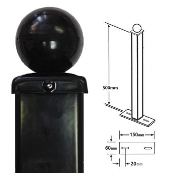 Square Ball Top Bolt-Down Blank Post, Any Railings - Solid Steel - L50 x W50 x H500 mm - Electro Galvanised/Black Powder Coated